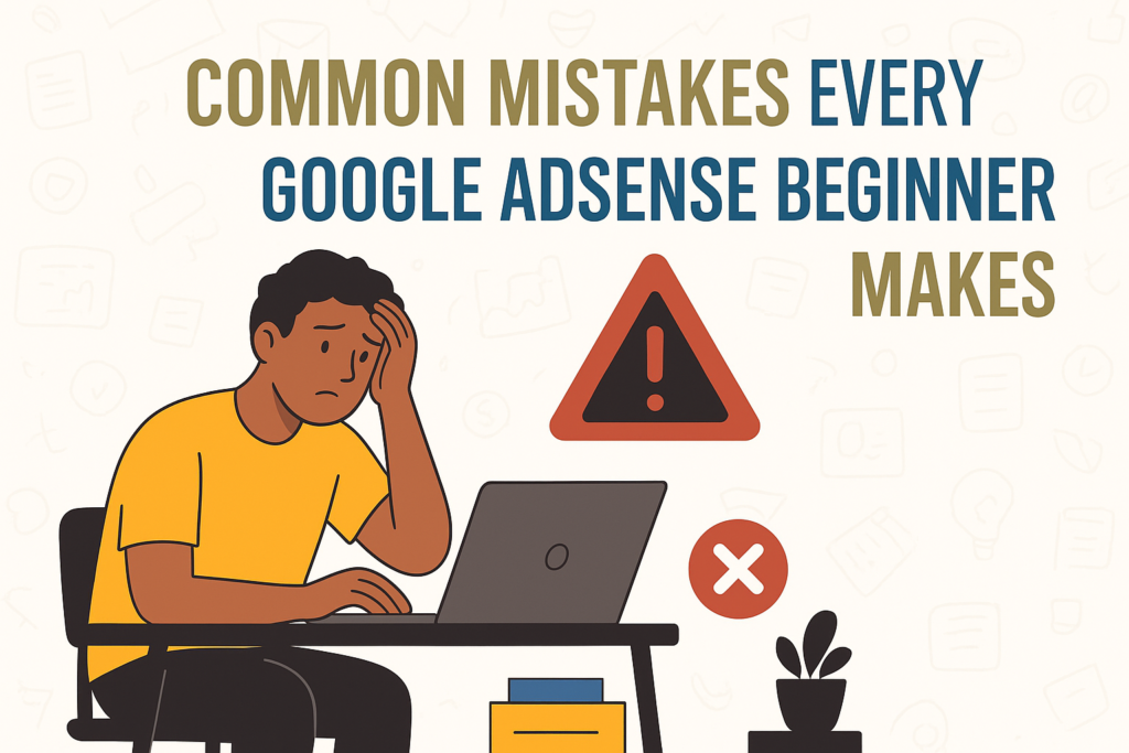 Google AdSense beginner mistakes warning infographic.