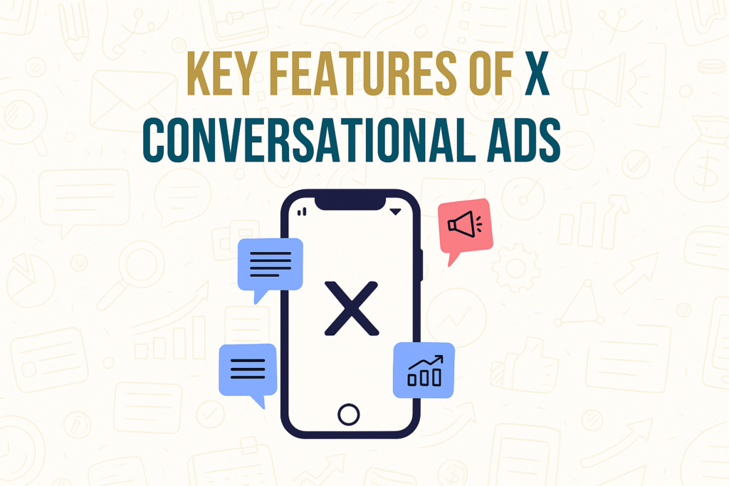 Key Features of X Conversational Ads with smartphone and interactive icons.
