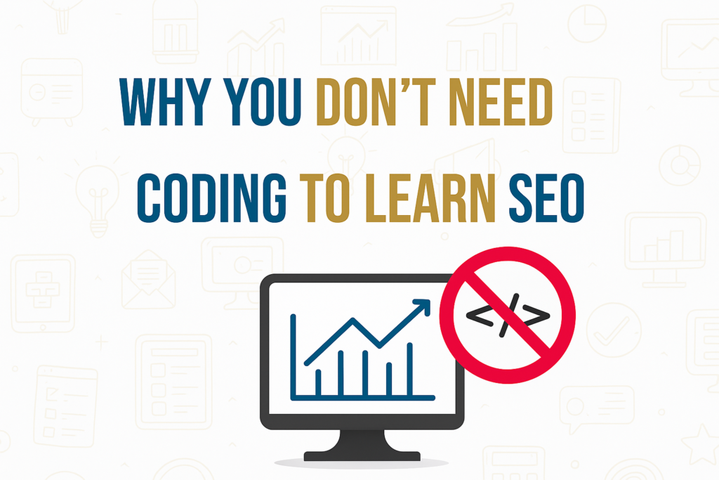 Monitor displaying SEO analytics with no coding symbol, showing coding-free SEO learning
