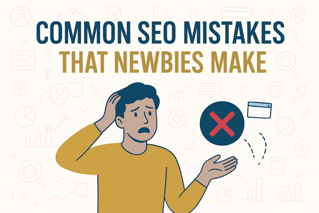 Illustration of a confused person with a red cross sign, highlighting common SEO errors
