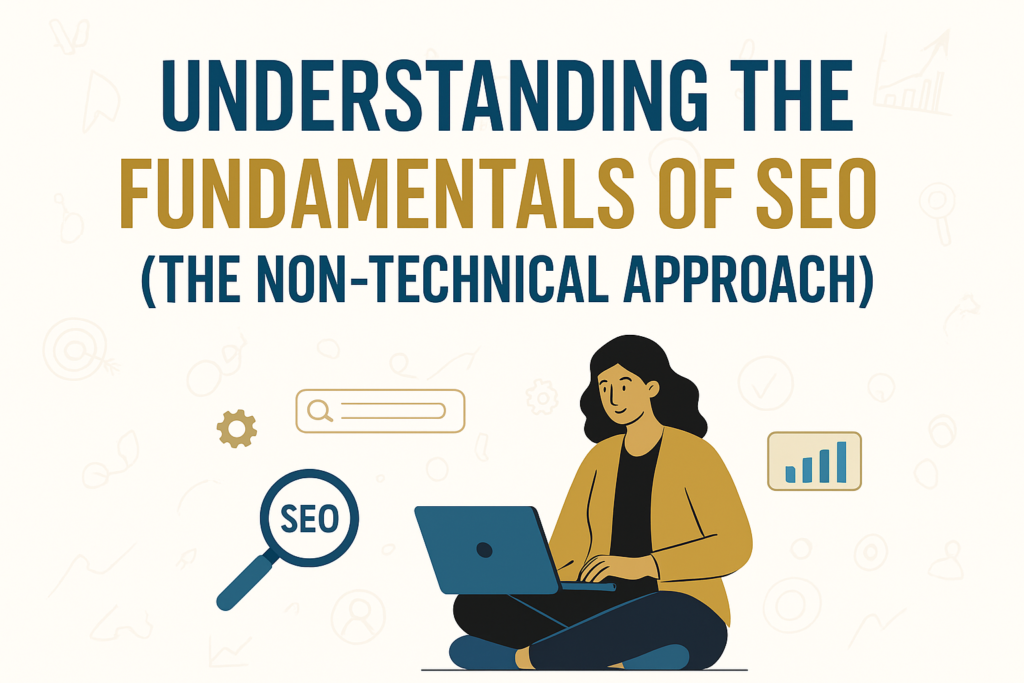 Woman learning SEO basics with a laptop, emphasizing non-technical fundamentals