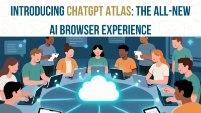People using laptops and tablets connected to a cloud network representing ChatGPT Atlas AI browser experience