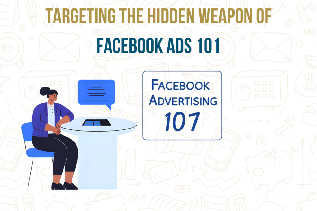 Marketer at desk with chat bubble and “Facebook Advertising 101” card; headline reads “Targeting the Hidden Weapon of Facebook Ads 101.