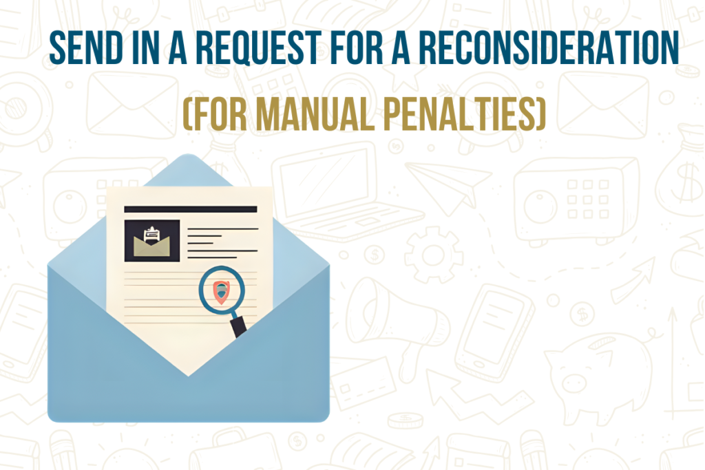 Send in a request for reconsideration for Google manual penalties illustration