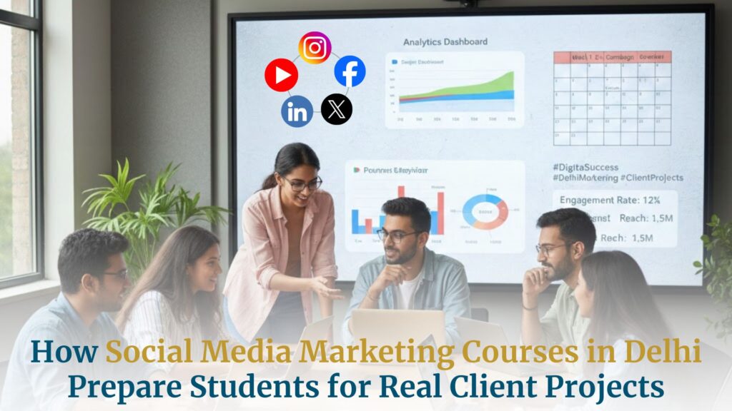 Students collaborating during a digital marketing session in Delhi, reviewing analytics on a large screen and discussing real client campaign data.