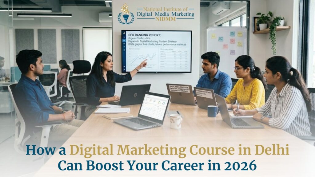 Indian students learning SEO and analytics in a digital marketing course classroom in Delhi.