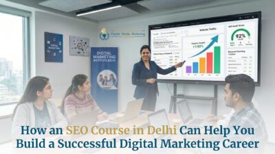 SEO training session in Delhi showing website traffic growth and keyword research on screen