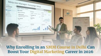 Instructor teaching Meta Ads campaign setup to students during SMM course in Delhi.
