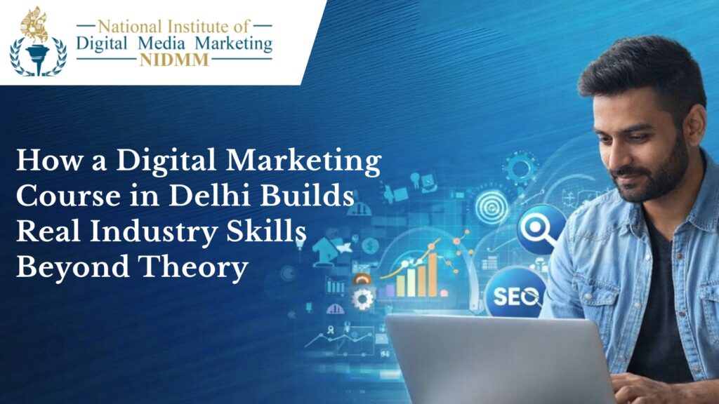 Man working on laptop with digital marketing elements showing SEO analytics and growth strategies in Delhi training