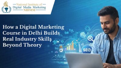 Man working on laptop with digital marketing elements showing SEO analytics and growth strategies in Delhi training