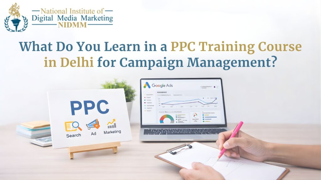 PPC training course in Delhi showing Google Ads dashboard campaign performance and digital marketing learning setup.