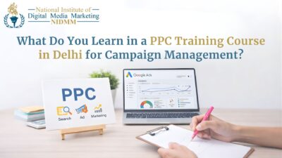 PPC training course in Delhi showing Google Ads dashboard campaign performance and digital marketing learning setup.