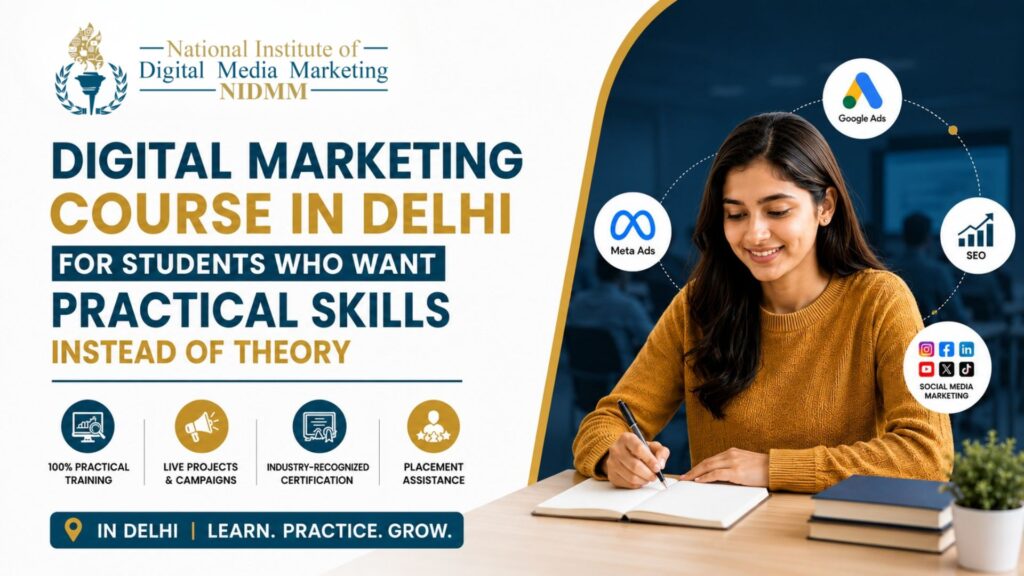 Student learning practical digital marketing course in Delhi with SEO, Google Ads, Meta Ads, and social media training.