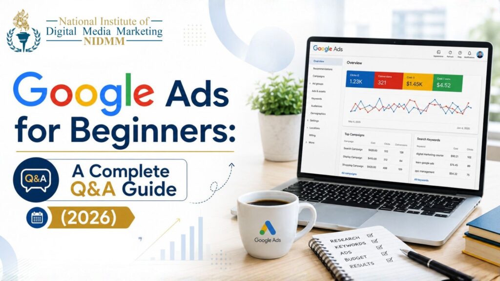 Google Ads for Beginners complete 2026 Q&A guide covering campaign setup, keyword research, budgeting, bidding, conversions, and performance tracking.