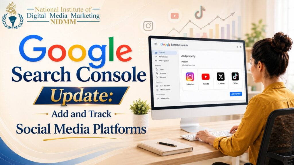 Google Search Console showing Platform Properties for Instagram, YouTube, X, and TikTok
